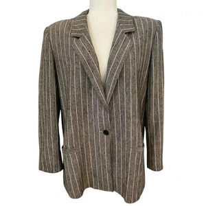 Saville Woman’s Pinstriped Brown Vintage Silk Blend Blazer Size 14 Shoulder Pads